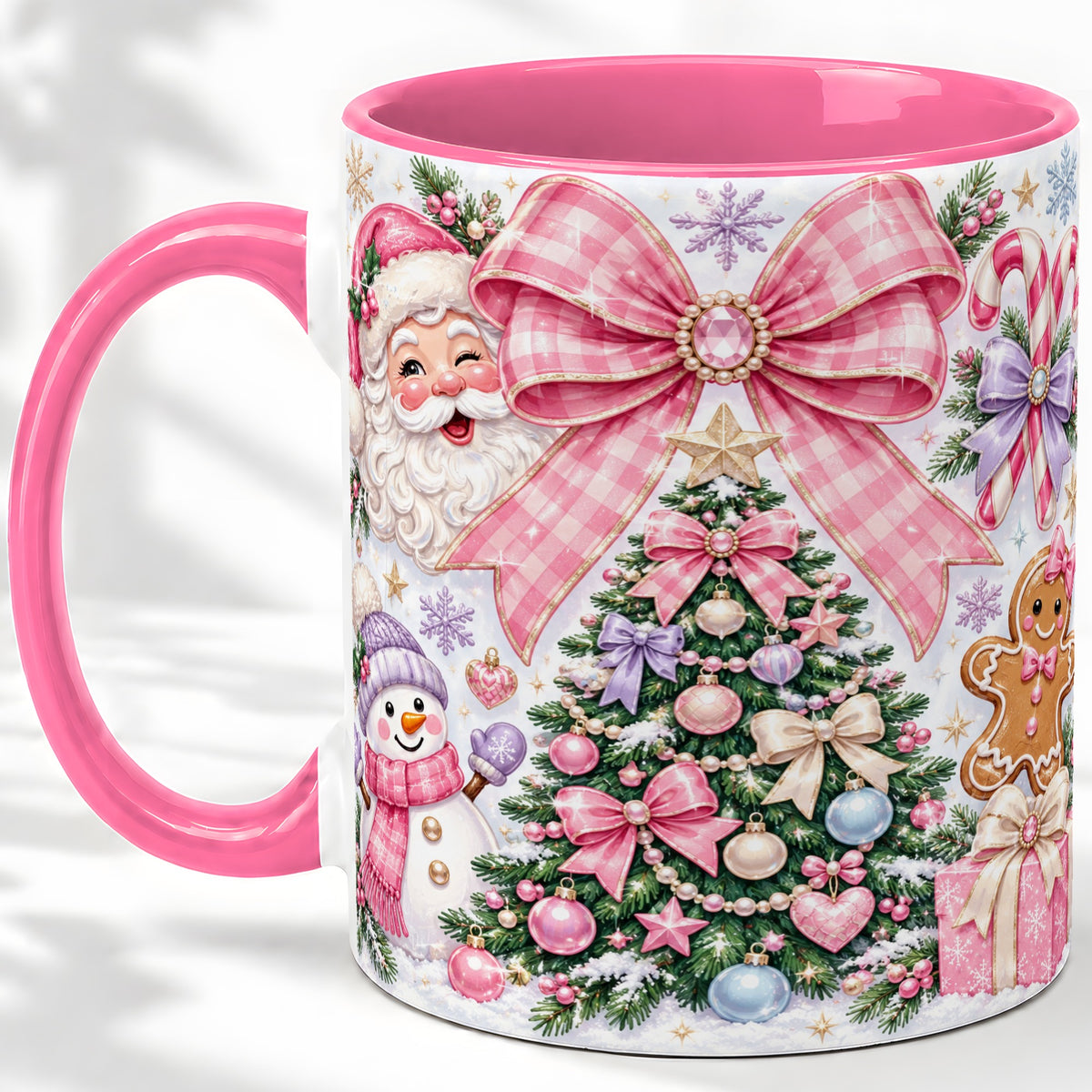 #pl[11oz|Pink] Pink Bow Christmas Ceramic Mug with Santa Snowman Holiday Artwork