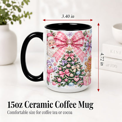 #pl[15oz|Black] Pink Bow Christmas Ceramic Mug with Santa Snowman Holiday Artwork