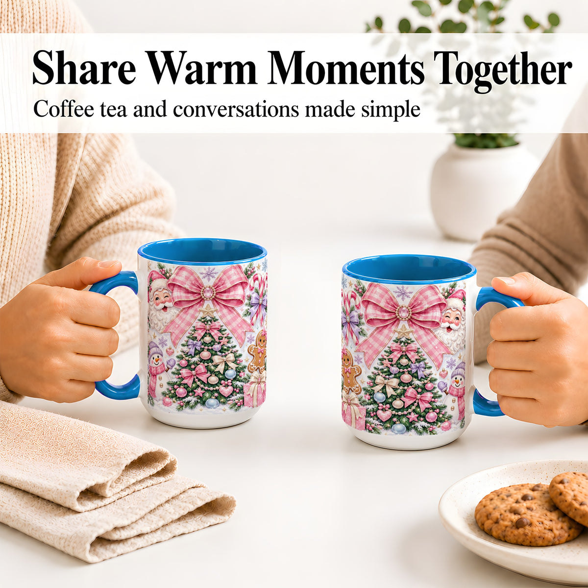 #pl[15oz|Blue] Pink Bow Christmas Ceramic Mug with Santa Snowman Holiday Artwork