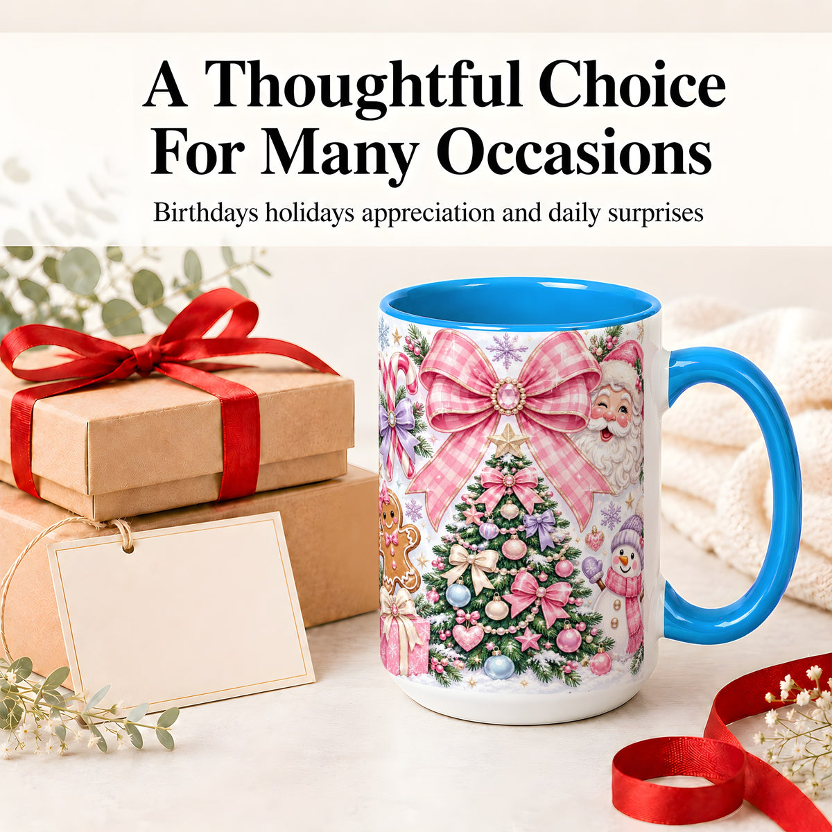 #pl[15oz|Blue] Pink Bow Christmas Ceramic Mug with Santa Snowman Holiday Artwork