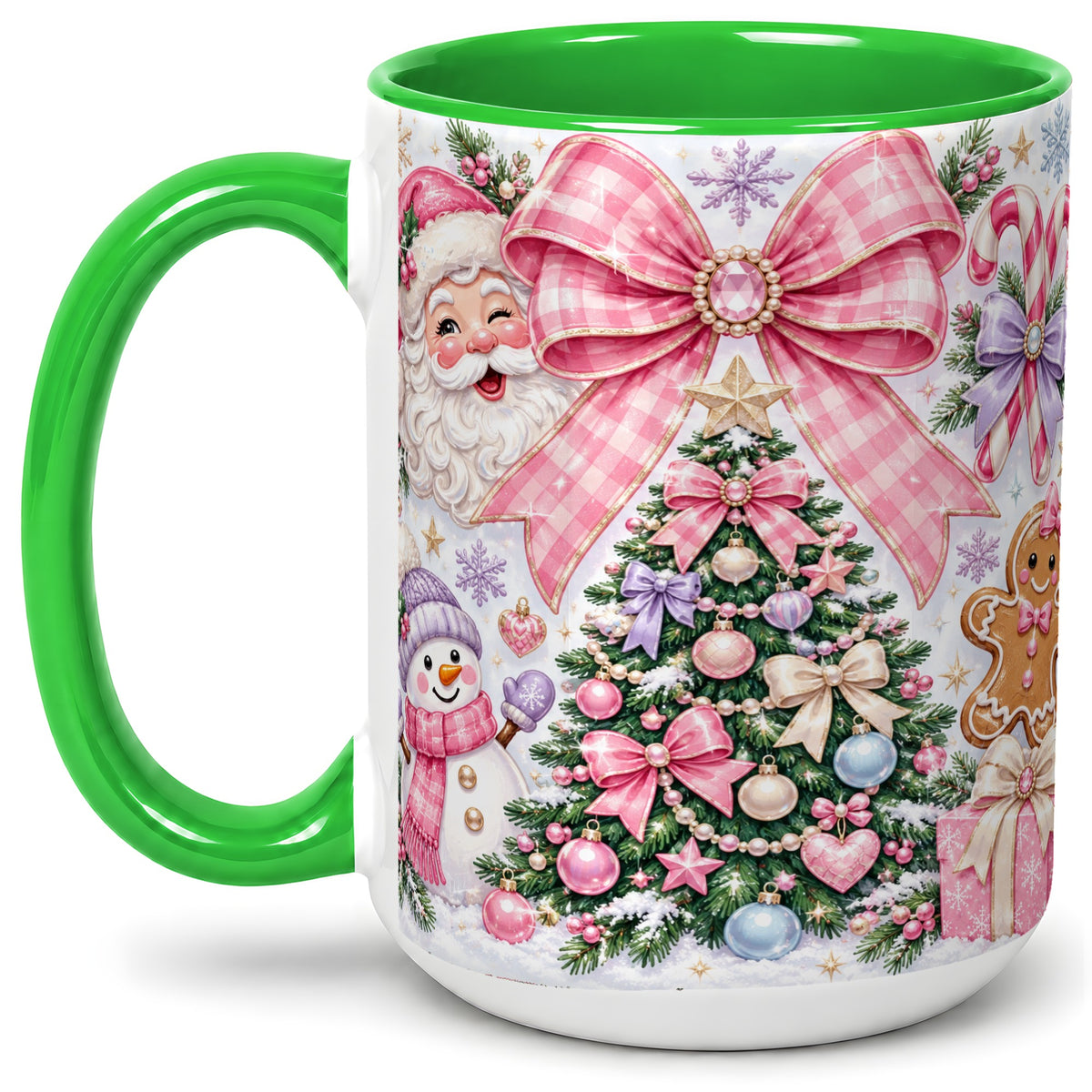 #pl[15oz|Green] Pink Bow Christmas Ceramic Mug with Santa Snowman Holiday Artwork