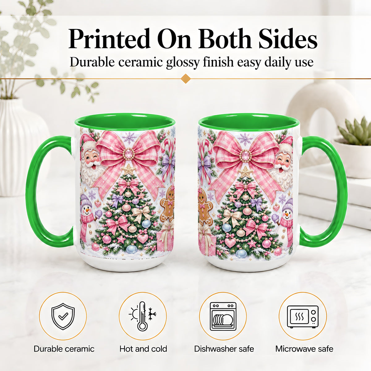 #pl[15oz|Green] Pink Bow Christmas Ceramic Mug with Santa Snowman Holiday Artwork