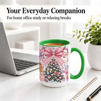 #pl[15oz|Green] Pink Bow Christmas Ceramic Mug with Santa Snowman Holiday Artwork