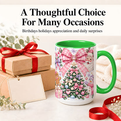 #pl[15oz|Green] Pink Bow Christmas Ceramic Mug with Santa Snowman Holiday Artwork