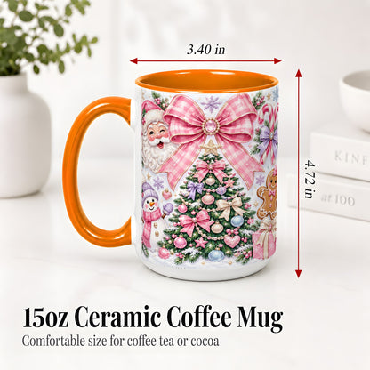 #pl[15oz|Orange] Pink Bow Christmas Ceramic Mug with Santa Snowman Holiday Artwork