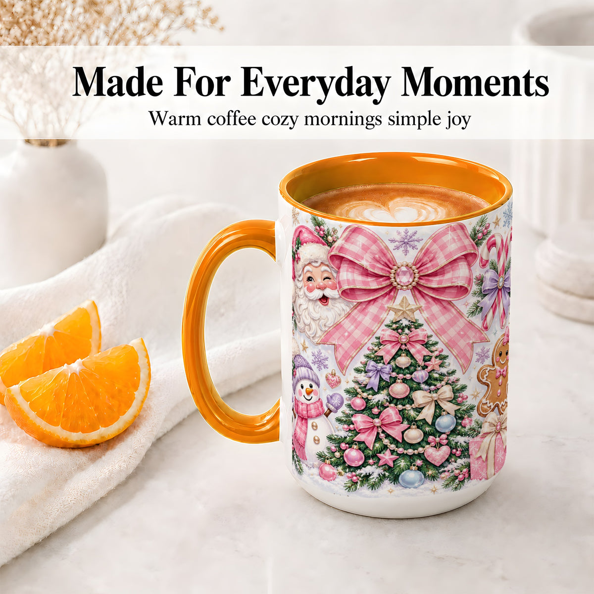 #pl[15oz|Orange] Pink Bow Christmas Ceramic Mug with Santa Snowman Holiday Artwork