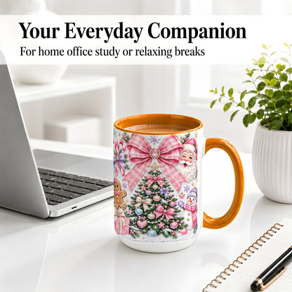 #pl[15oz|Orange] Pink Bow Christmas Ceramic Mug with Santa Snowman Holiday Artwork