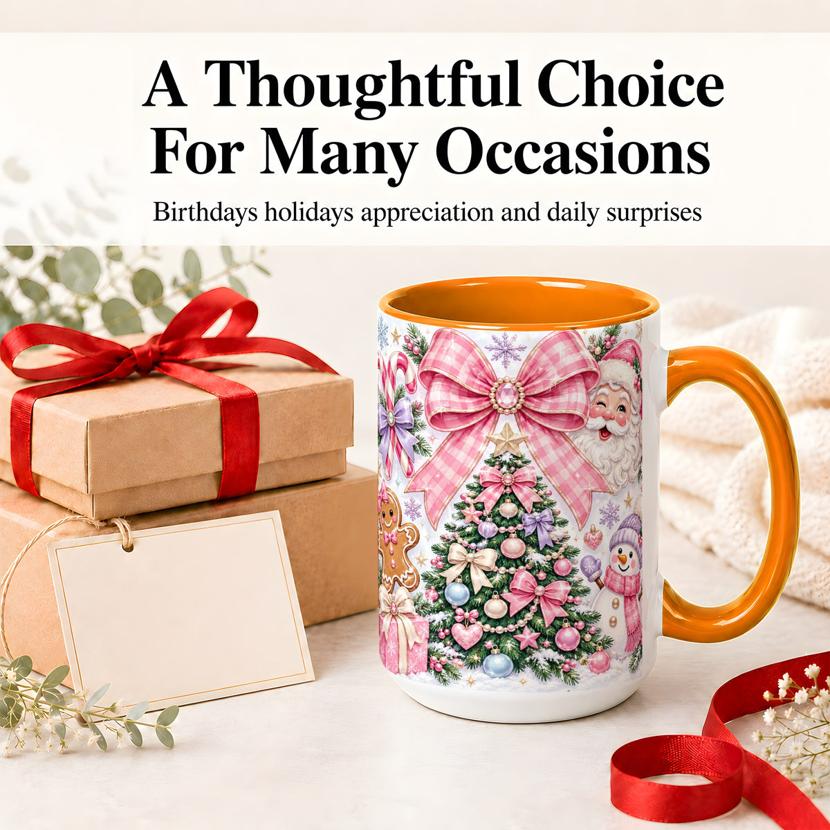 #pl[15oz|Orange] Pink Bow Christmas Ceramic Mug with Santa Snowman Holiday Artwork