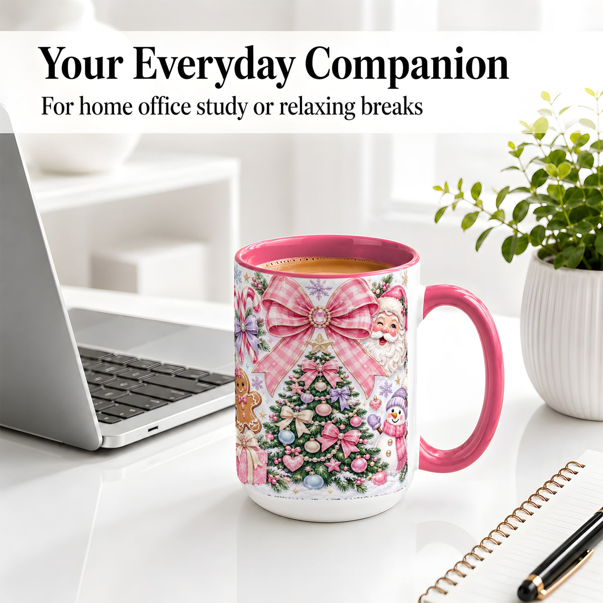 #pl[15oz|Pink] Pink Bow Christmas Ceramic Mug with Santa Snowman Holiday Artwork