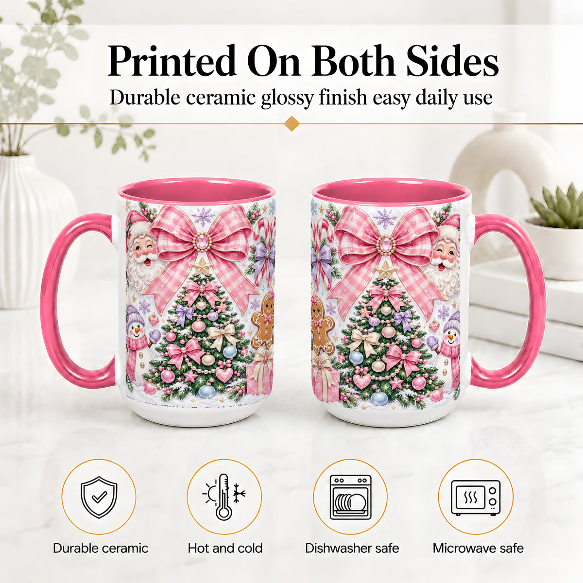 #pl[15oz|Pink] Pink Bow Christmas Ceramic Mug with Santa Snowman Holiday Artwork