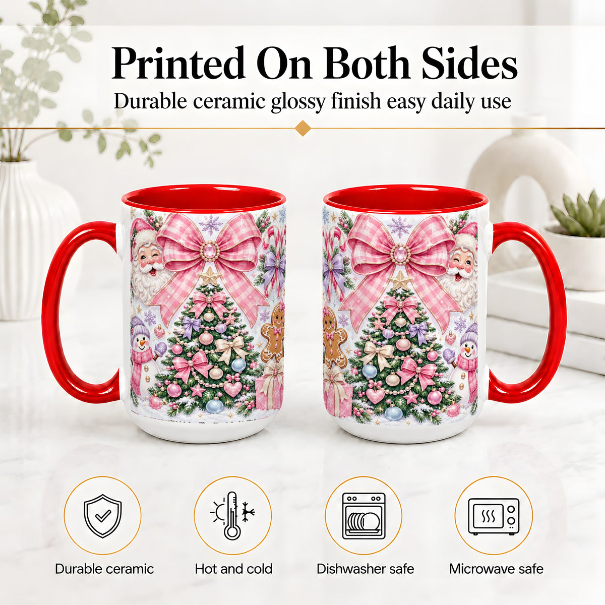 #pl[15oz|Red] Pink Bow Christmas Ceramic Mug with Santa Snowman Holiday Artwork
