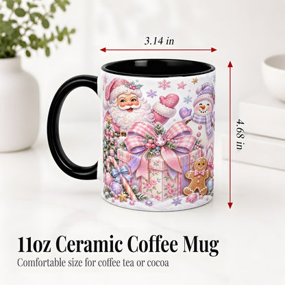 #pl[11oz|Black] Pastel Christmas Santa Ceramic Mug with Snowman and Bow Artwork