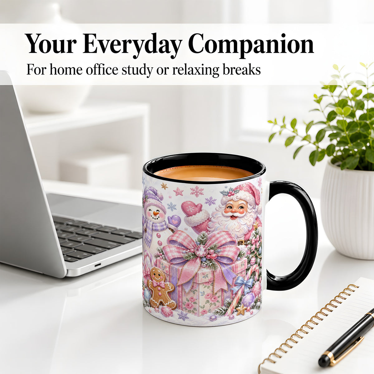 #pl[11oz|Black] Pastel Christmas Santa Ceramic Mug with Snowman and Bow Artwork