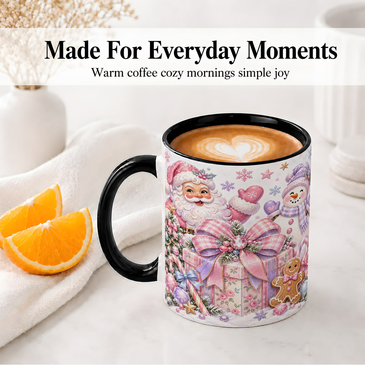 #pl[11oz|Black] Pastel Christmas Santa Ceramic Mug with Snowman and Bow Artwork