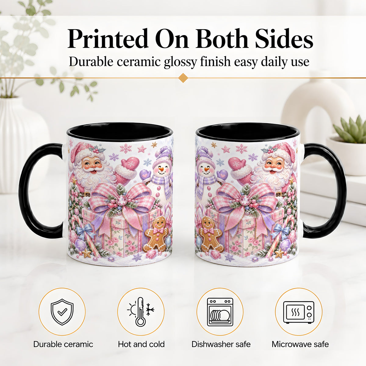 #pl[11oz|Black] Pastel Christmas Santa Ceramic Mug with Snowman and Bow Artwork