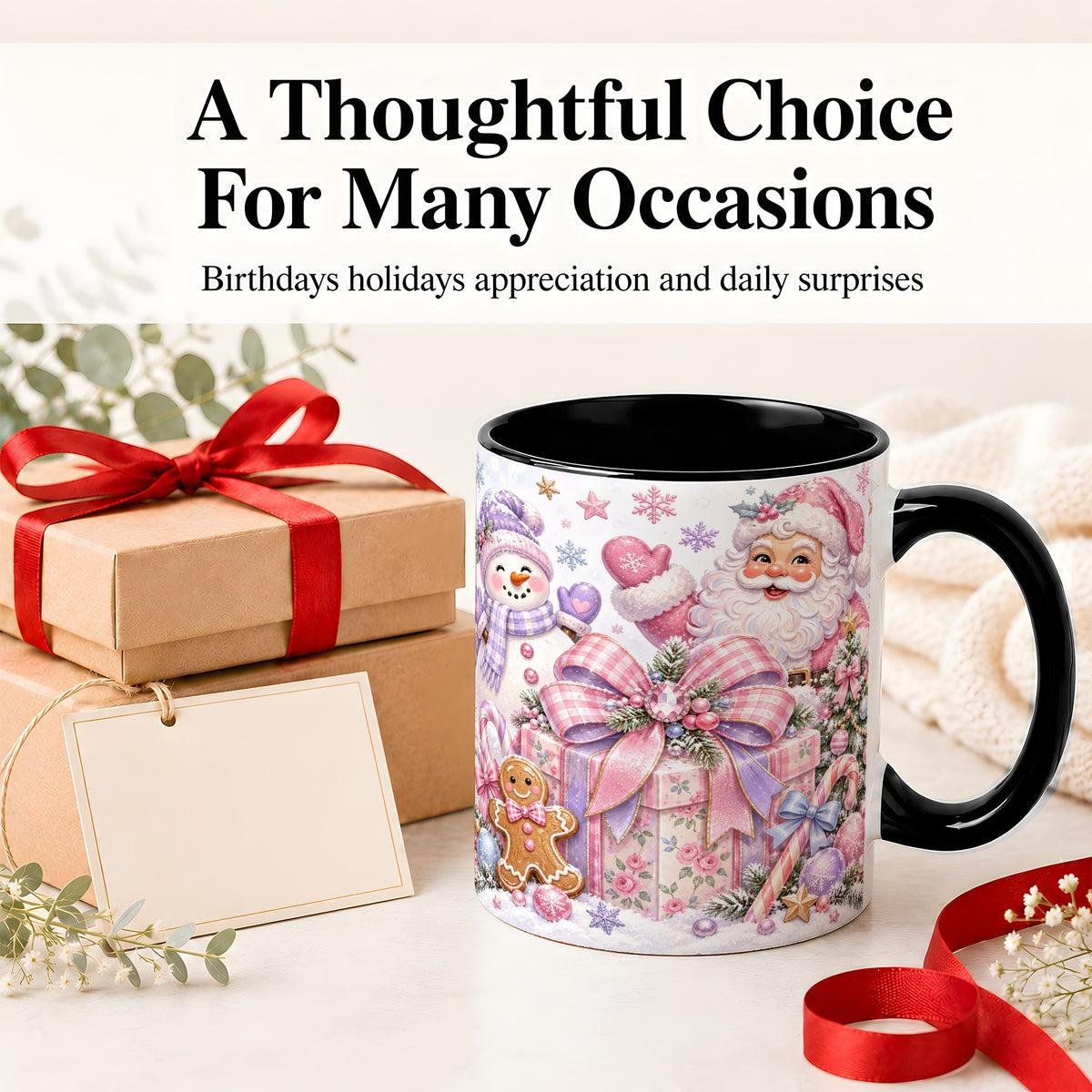 #pl[11oz|Black] Pastel Christmas Santa Ceramic Mug with Snowman and Bow Artwork