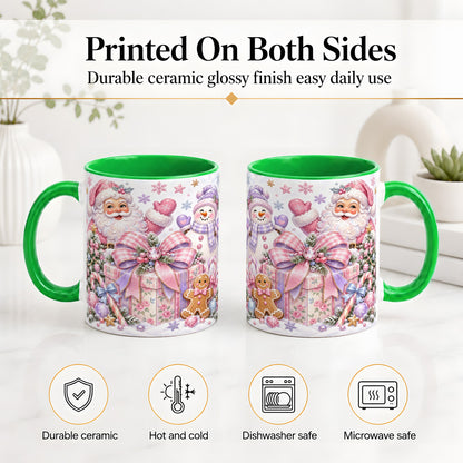 #pl[11oz|Green] Pastel Christmas Santa Ceramic Mug with Snowman and Bow Artwork