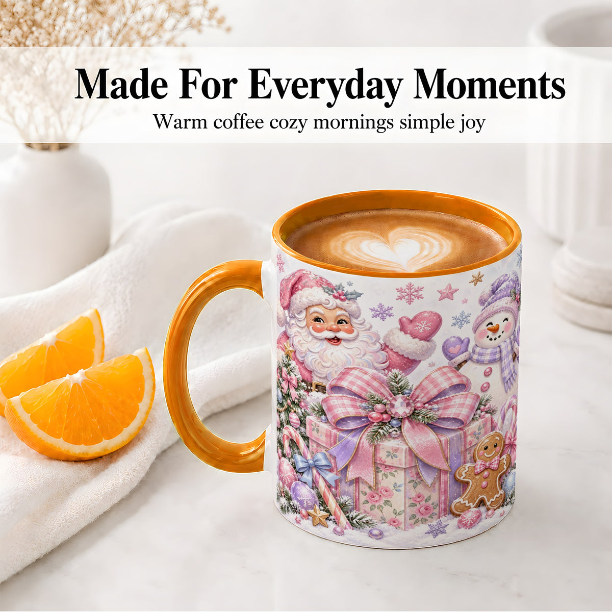 #pl[11oz|Orange] Pastel Christmas Santa Ceramic Mug with Snowman and Bow Artwork