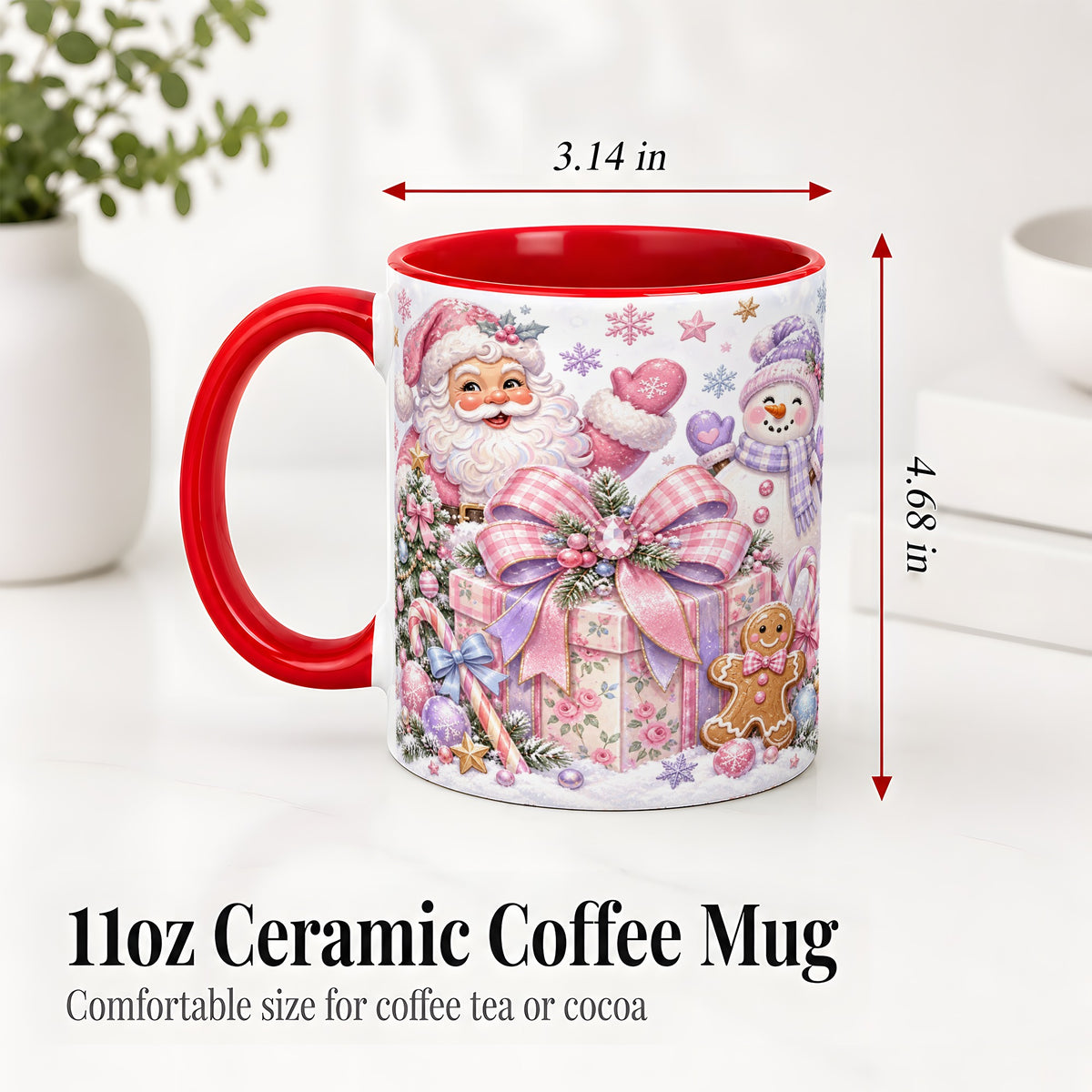 #pl[11oz|Red] Pastel Christmas Santa Ceramic Mug with Snowman and Bow Artwork