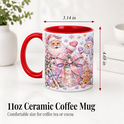 #pl[11oz|Red] Pastel Christmas Santa Ceramic Mug with Snowman and Bow Artwork