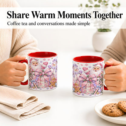 #pl[11oz|Red] Pastel Christmas Santa Ceramic Mug with Snowman and Bow Artwork