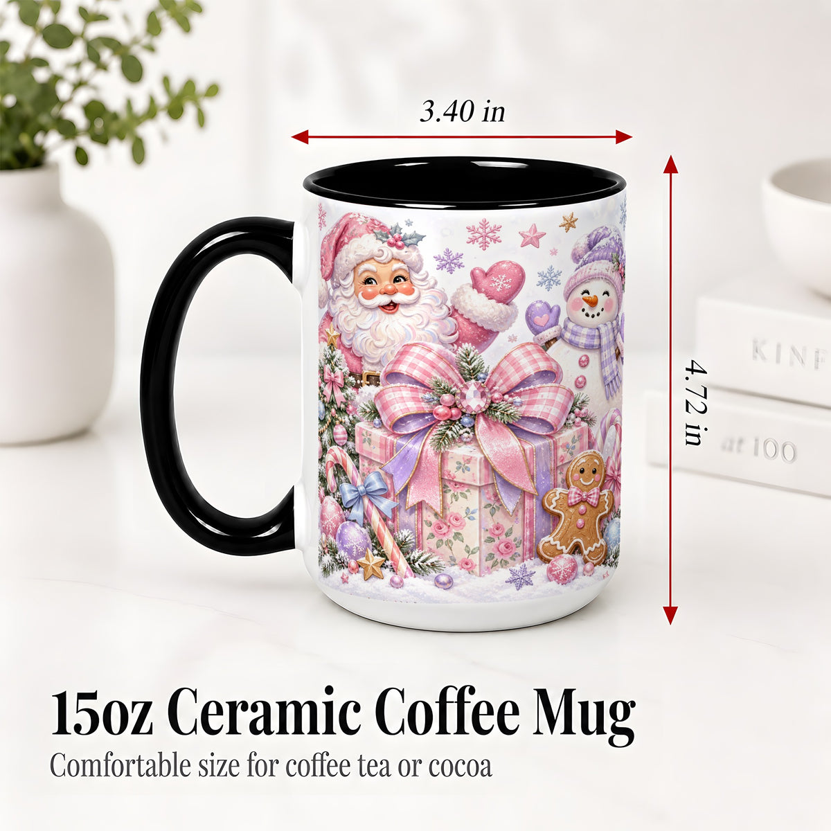 #pl[15oz|Black] Pastel Christmas Santa Ceramic Mug with Snowman and Bow Artwork