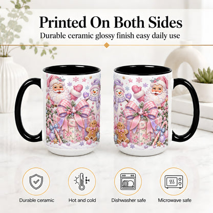#pl[15oz|Black] Pastel Christmas Santa Ceramic Mug with Snowman and Bow Artwork