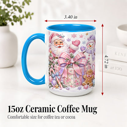 #pl[15oz|Blue] Pastel Christmas Santa Ceramic Mug with Snowman and Bow Artwork