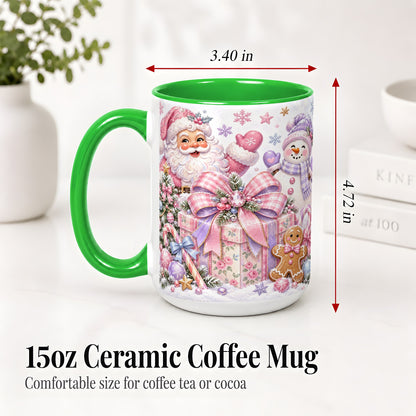 #pl[15oz|Green] Pastel Christmas Santa Ceramic Mug with Snowman and Bow Artwork