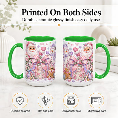 #pl[15oz|Green] Pastel Christmas Santa Ceramic Mug with Snowman and Bow Artwork