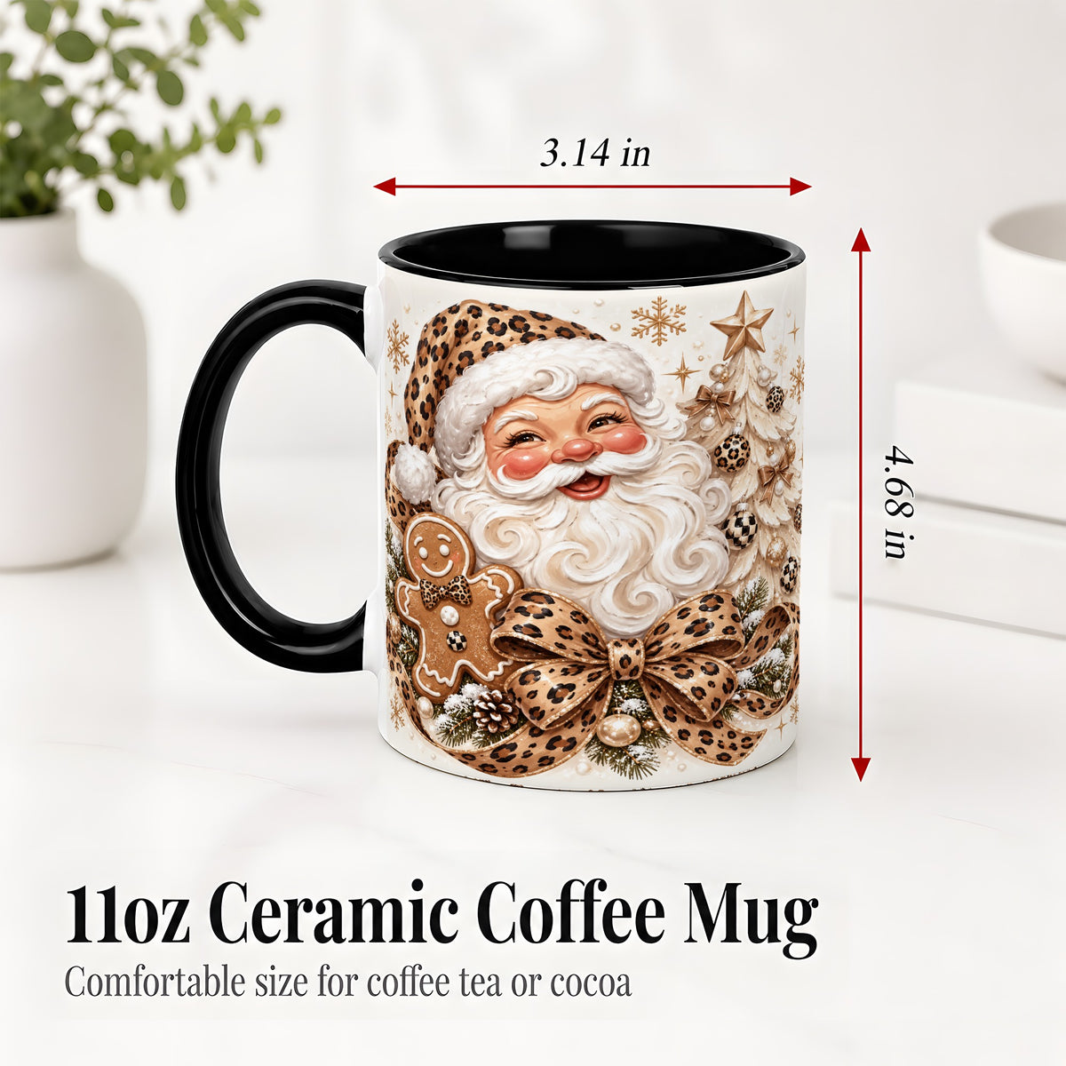 #pl[11oz|Black] Leopard Christmas Ceramic Mug with Santa and Gingerbread Artwork