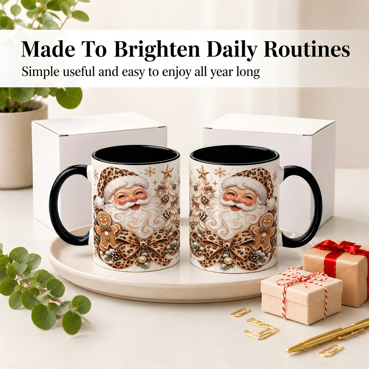 #pl[11oz|Black] Leopard Christmas Ceramic Mug with Santa and Gingerbread Artwork