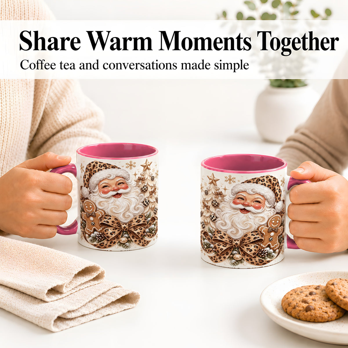 #pl[11oz|Pink] Leopard Christmas Ceramic Mug with Santa and Gingerbread Artwork