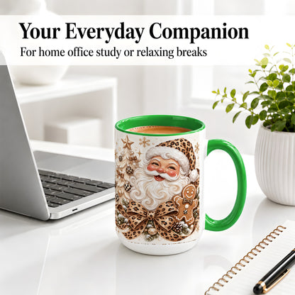 #pl[15oz|Green] Leopard Christmas Ceramic Mug with Santa and Gingerbread Artwork