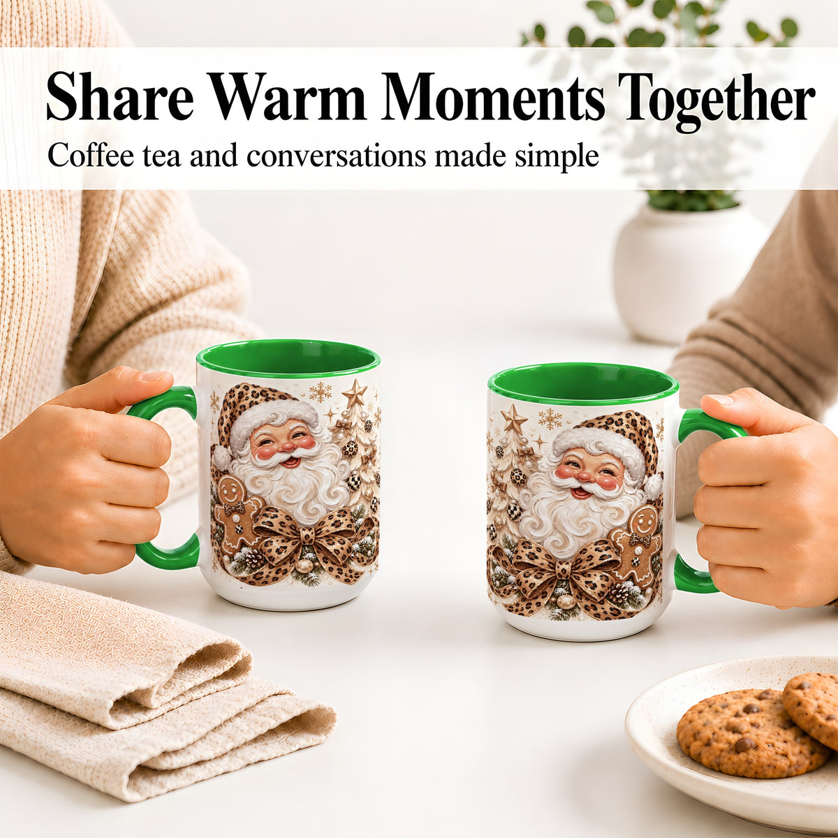 #pl[15oz|Green] Leopard Christmas Ceramic Mug with Santa and Gingerbread Artwork