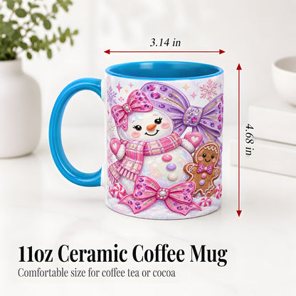 #pl[11oz|Blue] Pink Snowman Christmas Ceramic Mug with Gingerbread and Bows