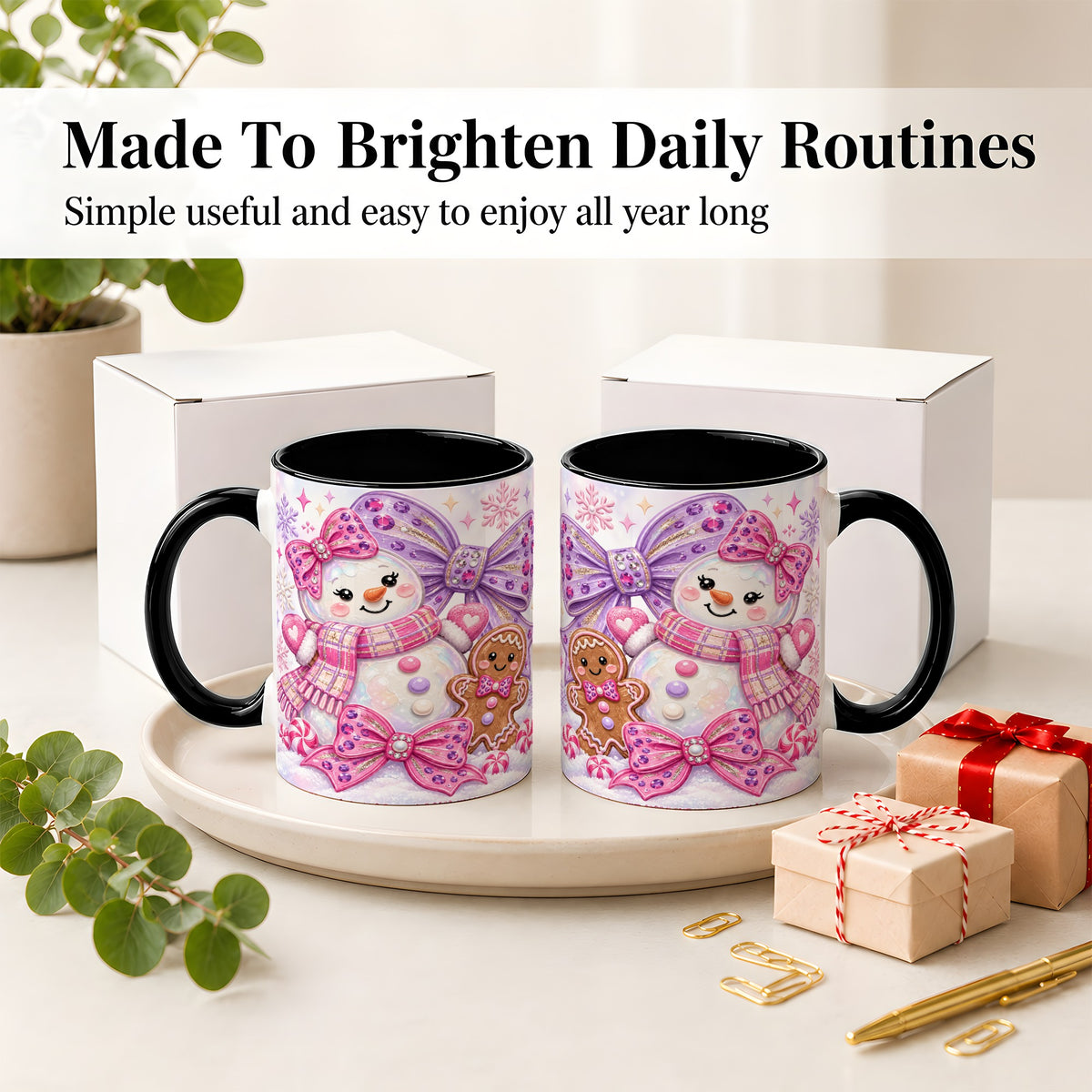 #pl[11oz|Black] Pink Snowman Christmas Ceramic Mug with Gingerbread and Bows