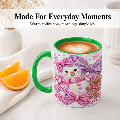 #pl[11oz|Green] Pink Snowman Christmas Ceramic Mug with Gingerbread and Bows