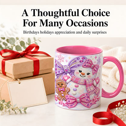#pl[11oz|Pink] Pink Snowman Christmas Ceramic Mug with Gingerbread and Bows