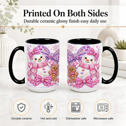 #pl[15oz|Black] Pink Snowman Christmas Ceramic Mug with Gingerbread and Bows
