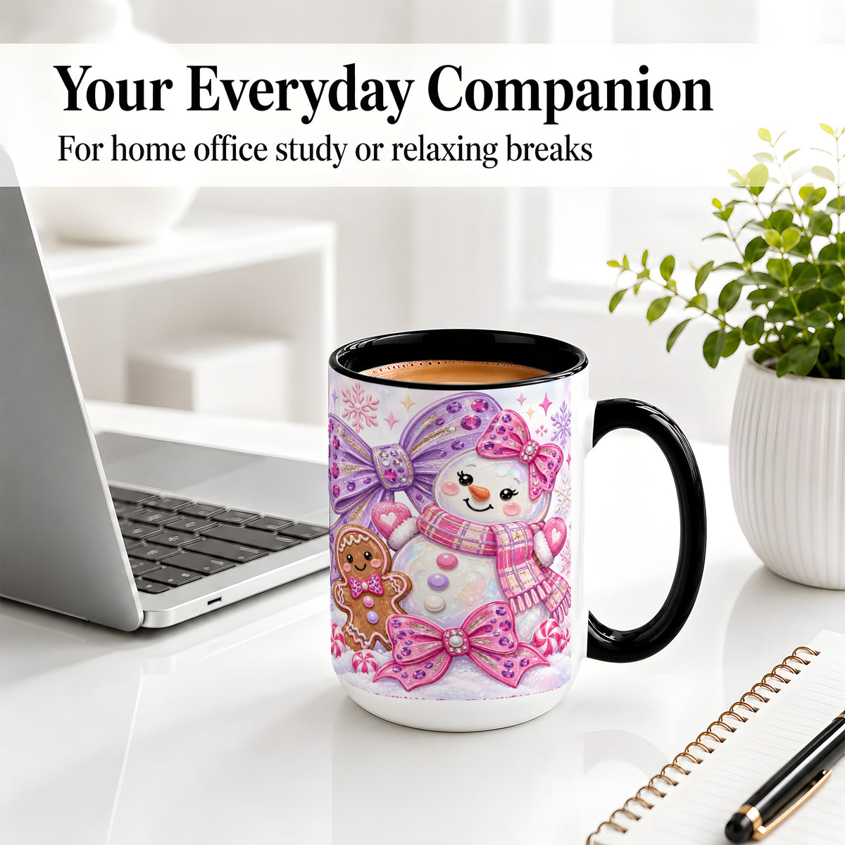 #pl[15oz|Black] Pink Snowman Christmas Ceramic Mug with Gingerbread and Bows