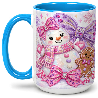 #pl[15oz|Blue] Pink Snowman Christmas Ceramic Mug with Gingerbread and Bows