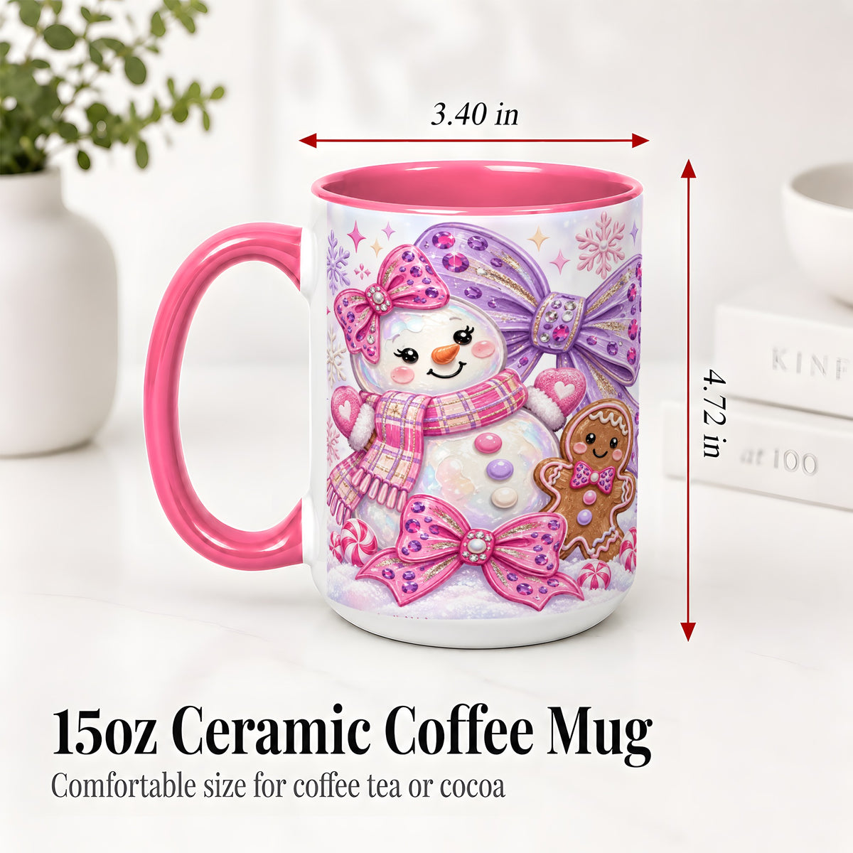 #pl[15oz|Pink] Pink Snowman Christmas Ceramic Mug with Gingerbread and Bows