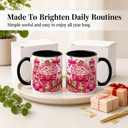 #pl[11oz|Black] Pink Christmas Coffee Ceramic Mug with Gingerbread Bow Artwork
