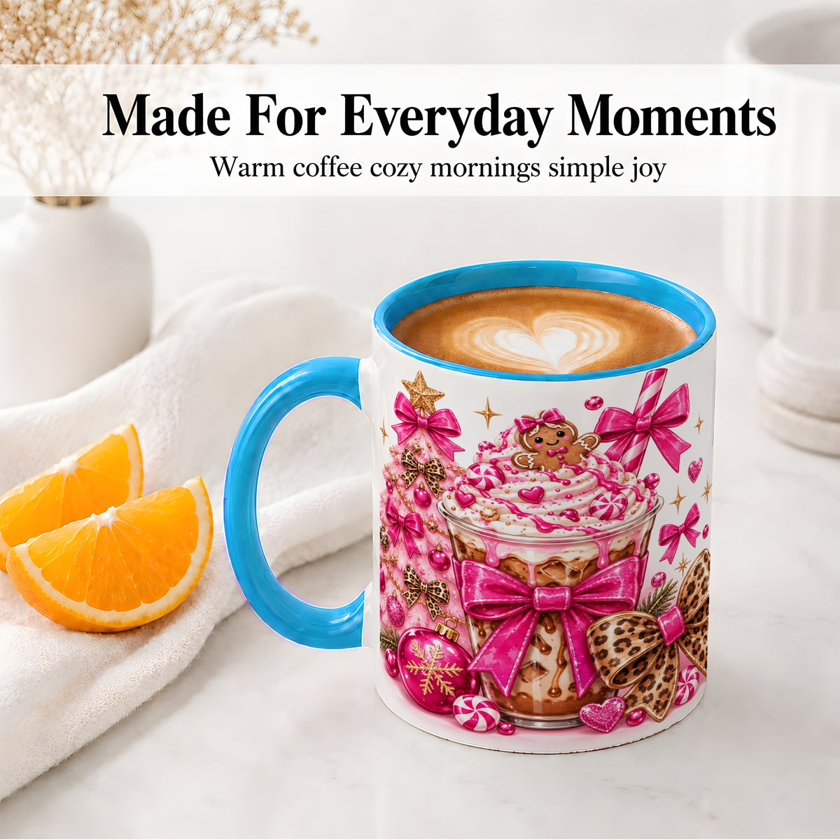 #pl[11oz|Blue] Pink Christmas Coffee Ceramic Mug with Gingerbread Bow Artwork