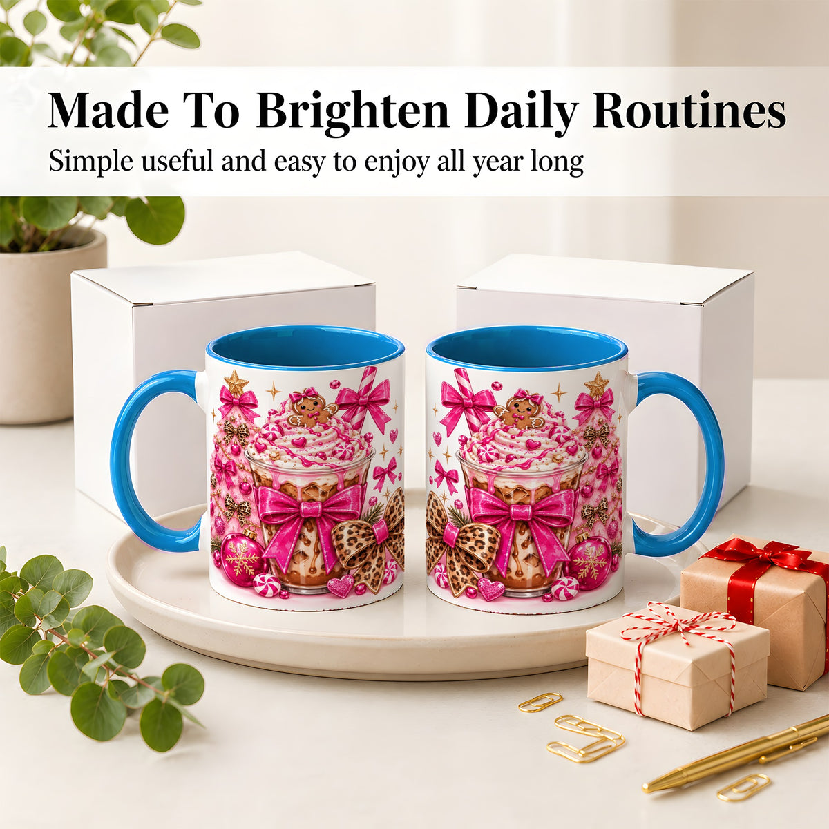 #pl[11oz|Blue] Pink Christmas Coffee Ceramic Mug with Gingerbread Bow Artwork