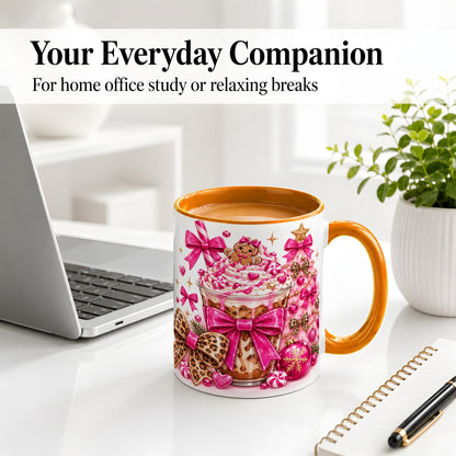 #pl[11oz|Orange] Pink Christmas Coffee Ceramic Mug with Gingerbread Bow Artwork