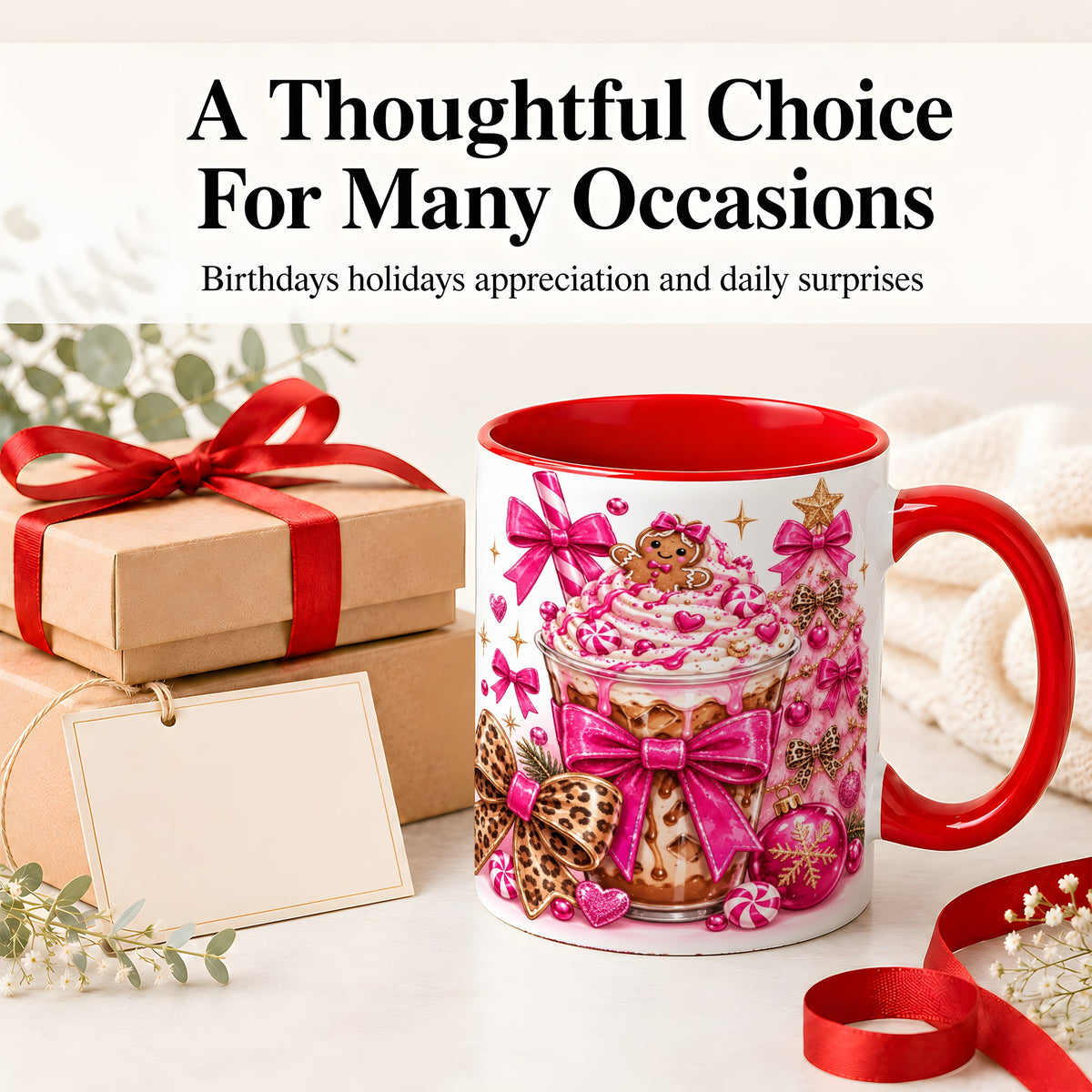 #pl[11oz|Red] Pink Christmas Coffee Ceramic Mug with Gingerbread Bow Artwork