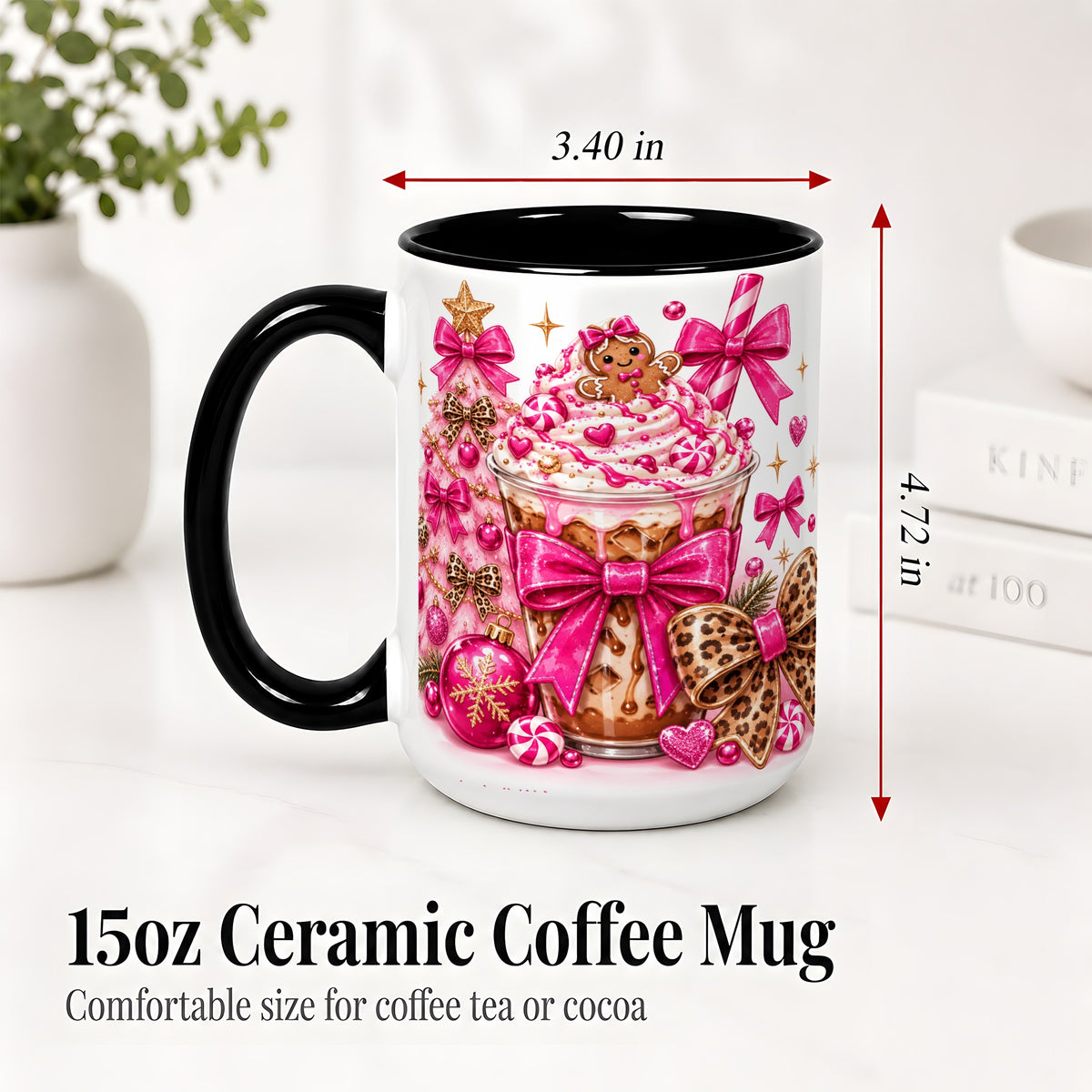 #pl[15oz|Black] Pink Christmas Coffee Ceramic Mug with Gingerbread Bow Artwork