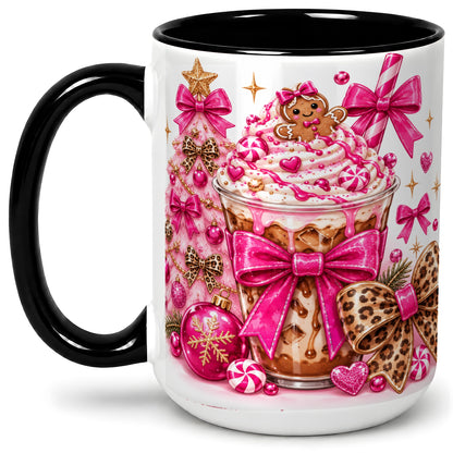 #pl[15oz|Black] Pink Christmas Coffee Ceramic Mug with Gingerbread Bow Artwork